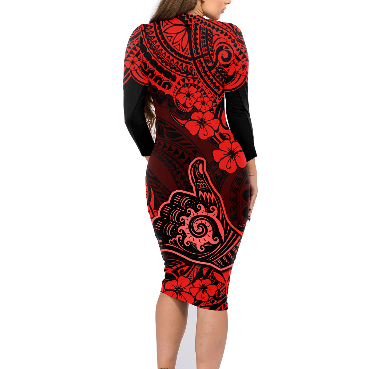 Hawaii Shaka Sign Family Matching Long Sleeve Bodycon Dress and Hawaiian Shirt Polynesian Pattern Red Version - Wonder Print Shop