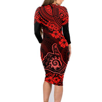 Hawaii Shaka Sign Family Matching Long Sleeve Bodycon Dress and Hawaiian Shirt Polynesian Pattern Red Version - Wonder Print Shop