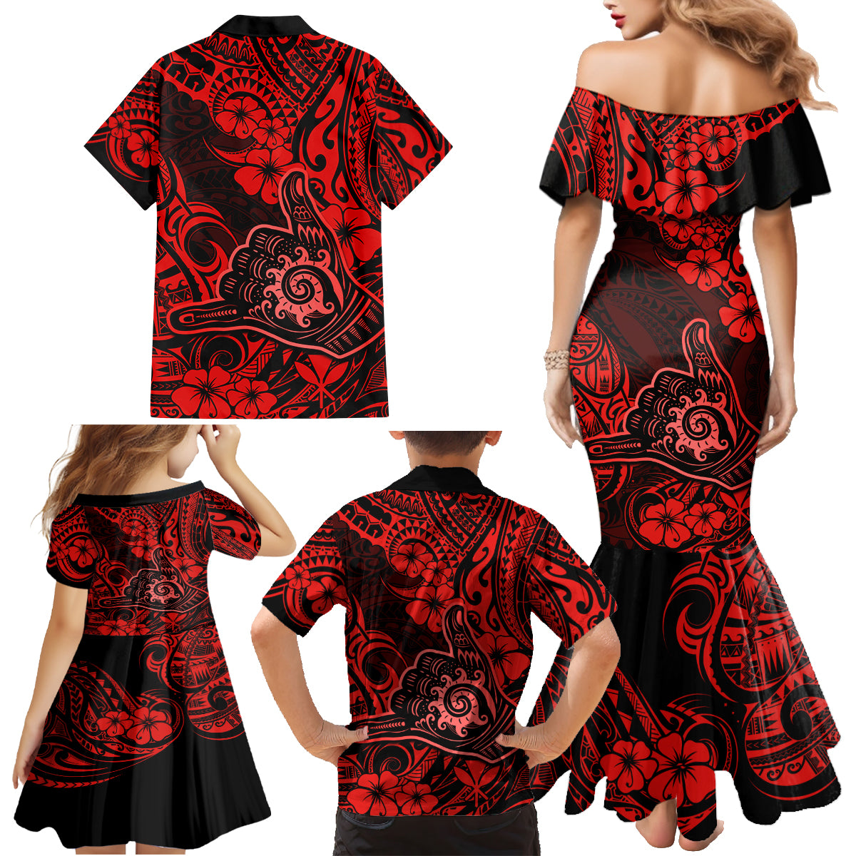 Hawaii Shaka Sign Family Matching Mermaid Dress and Hawaiian Shirt Polynesian Pattern Red Version - Wonder Print Shop