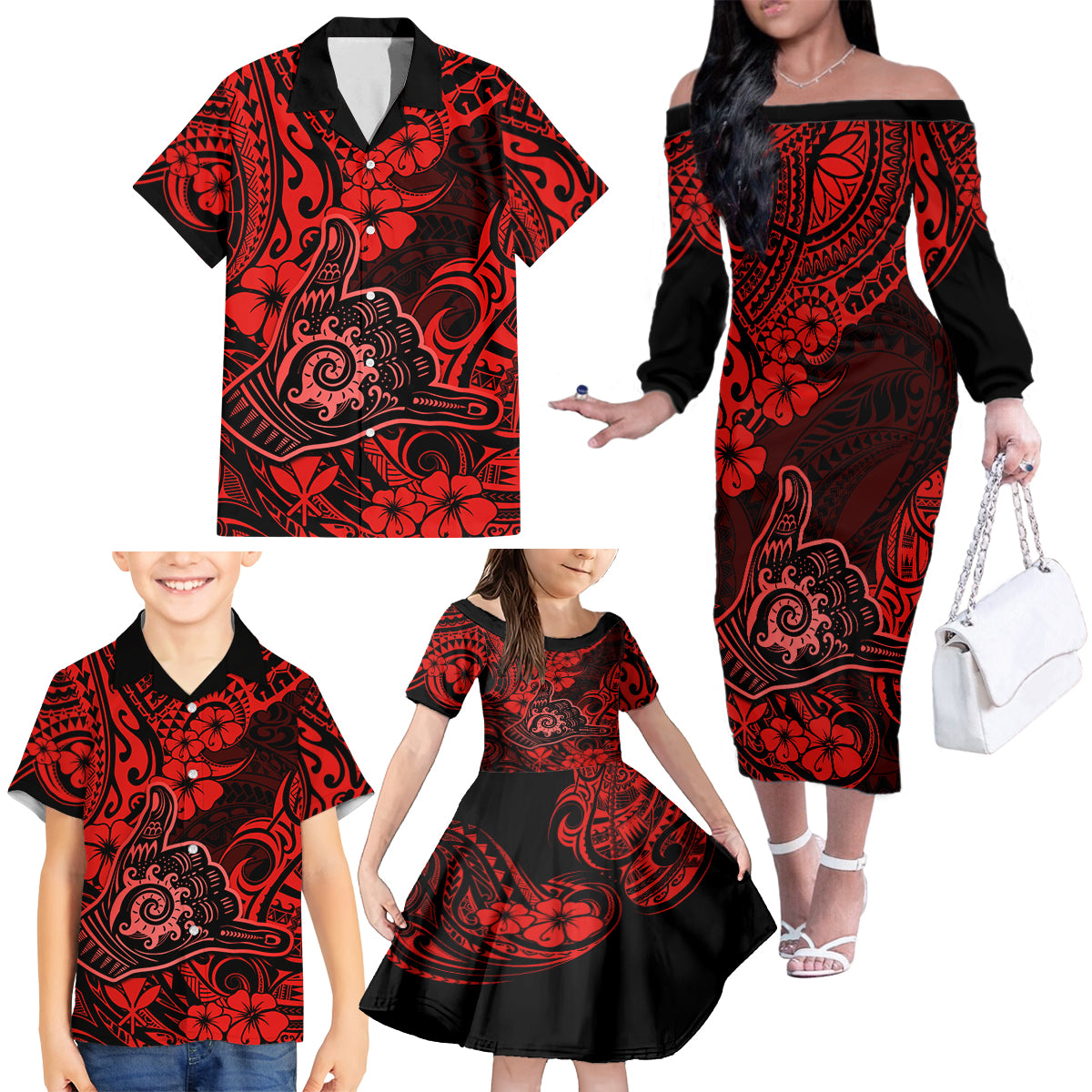 Hawaii Shaka Sign Family Matching Off Shoulder Long Sleeve Dress and Hawaiian Shirt Polynesian Pattern Red Version - Wonder Print Shop