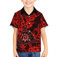 Hawaii Shaka Sign Family Matching Off Shoulder Long Sleeve Dress and Hawaiian Shirt Polynesian Pattern Red Version - Wonder Print Shop