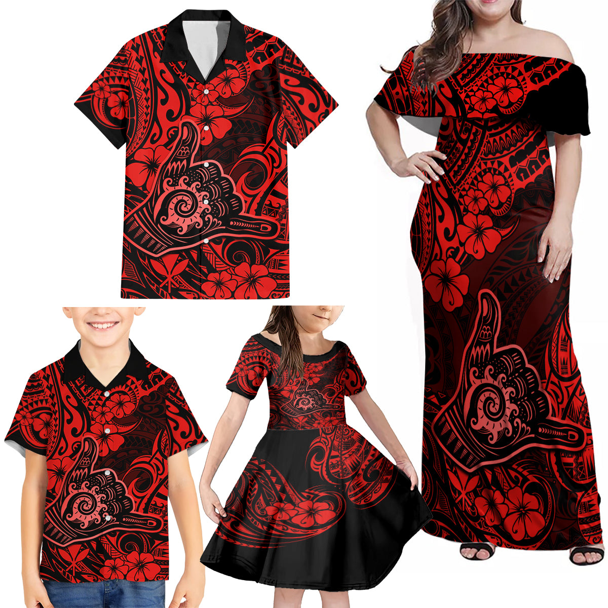 Hawaii Shaka Sign Family Matching Off Shoulder Maxi Dress and Hawaiian Shirt Polynesian Pattern Red Version - Wonder Print Shop
