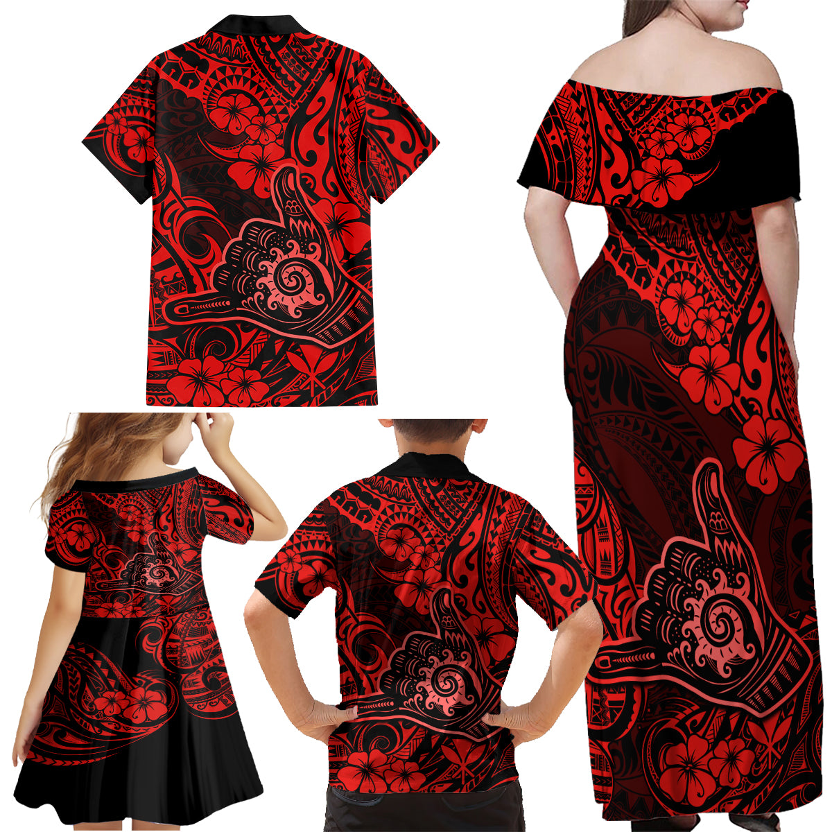 Hawaii Shaka Sign Family Matching Off Shoulder Maxi Dress and Hawaiian Shirt Polynesian Pattern Red Version - Wonder Print Shop