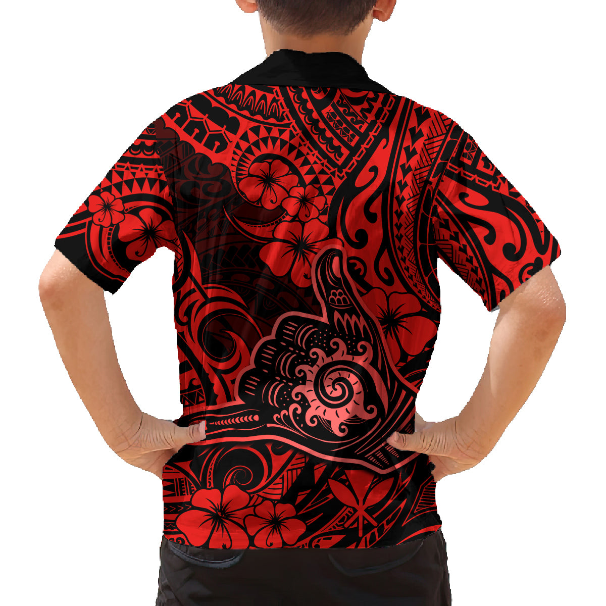 Hawaii Shaka Sign Family Matching Off Shoulder Short Dress and Hawaiian Shirt Polynesian Pattern Red Version - Wonder Print Shop