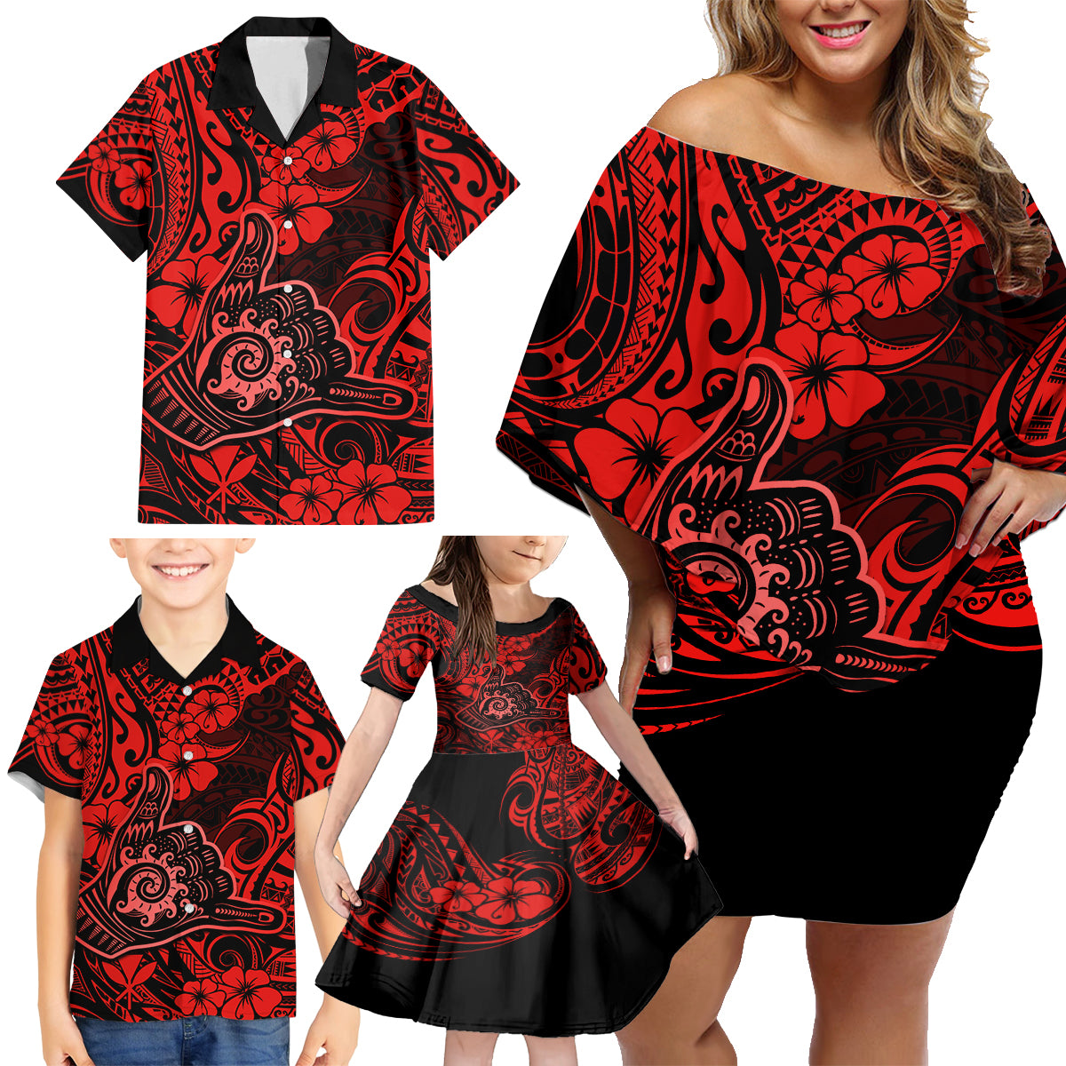 Hawaii Shaka Sign Family Matching Off Shoulder Short Dress and Hawaiian Shirt Polynesian Pattern Red Version - Wonder Print Shop