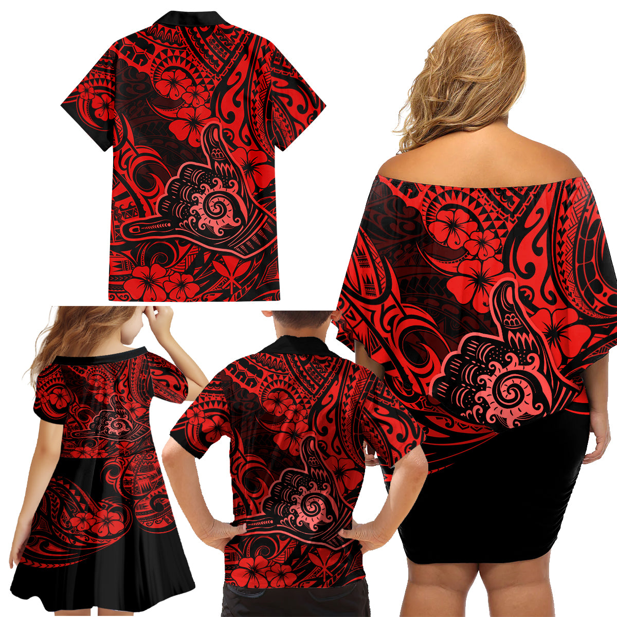 Hawaii Shaka Sign Family Matching Off Shoulder Short Dress and Hawaiian Shirt Polynesian Pattern Red Version - Wonder Print Shop