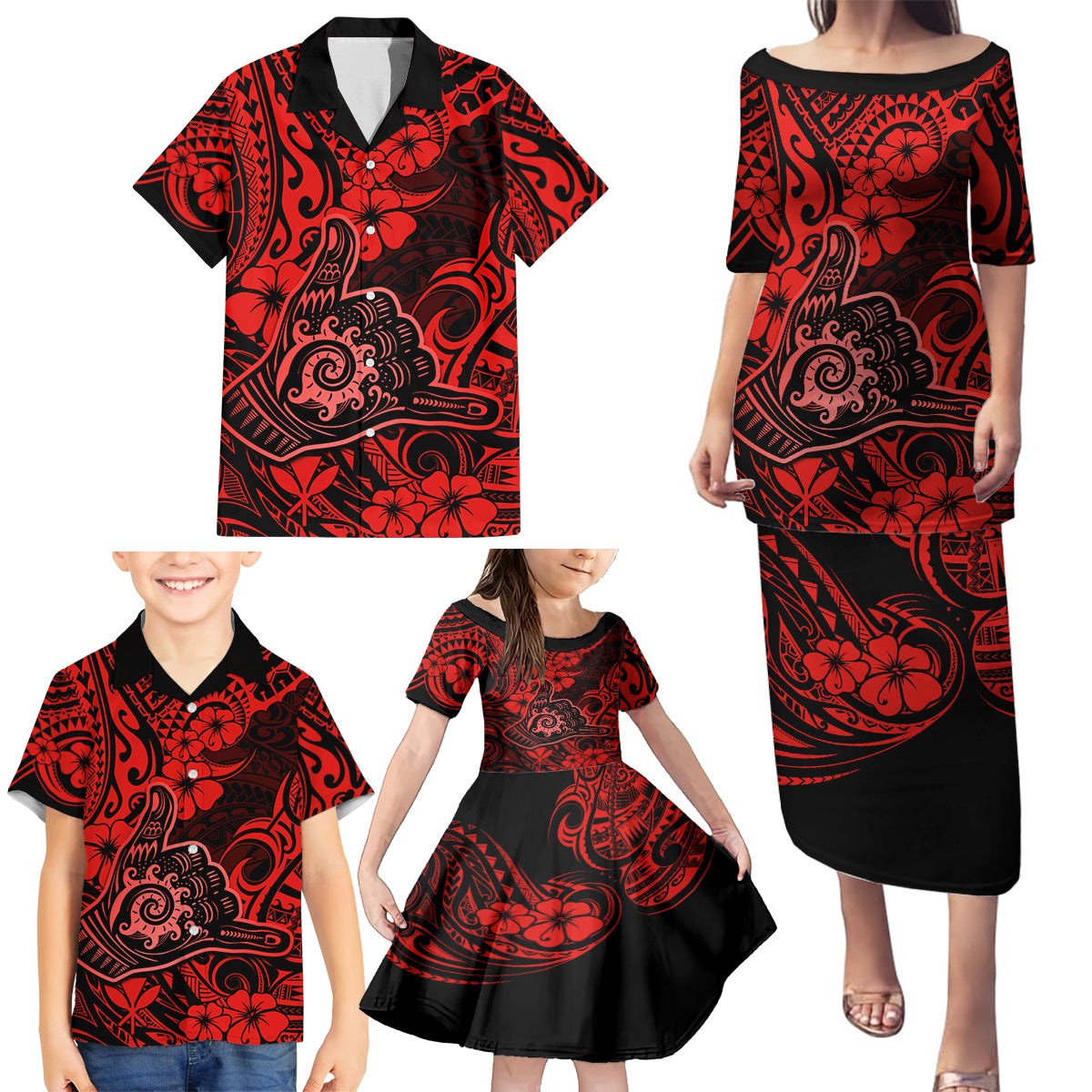 Hawaii Shaka Sign Family Matching Puletasi Dress and Hawaiian Shirt Polynesian Pattern Red Version - Wonder Print Shop