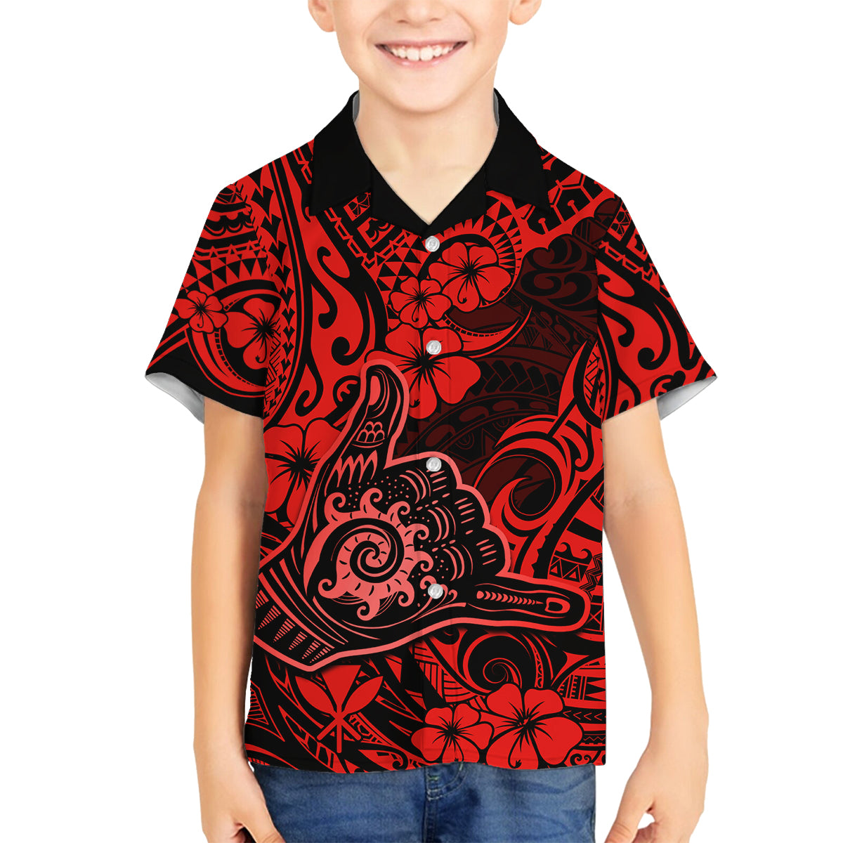 Hawaii Shaka Sign Family Matching Puletasi Dress and Hawaiian Shirt Polynesian Pattern Red Version - Wonder Print Shop
