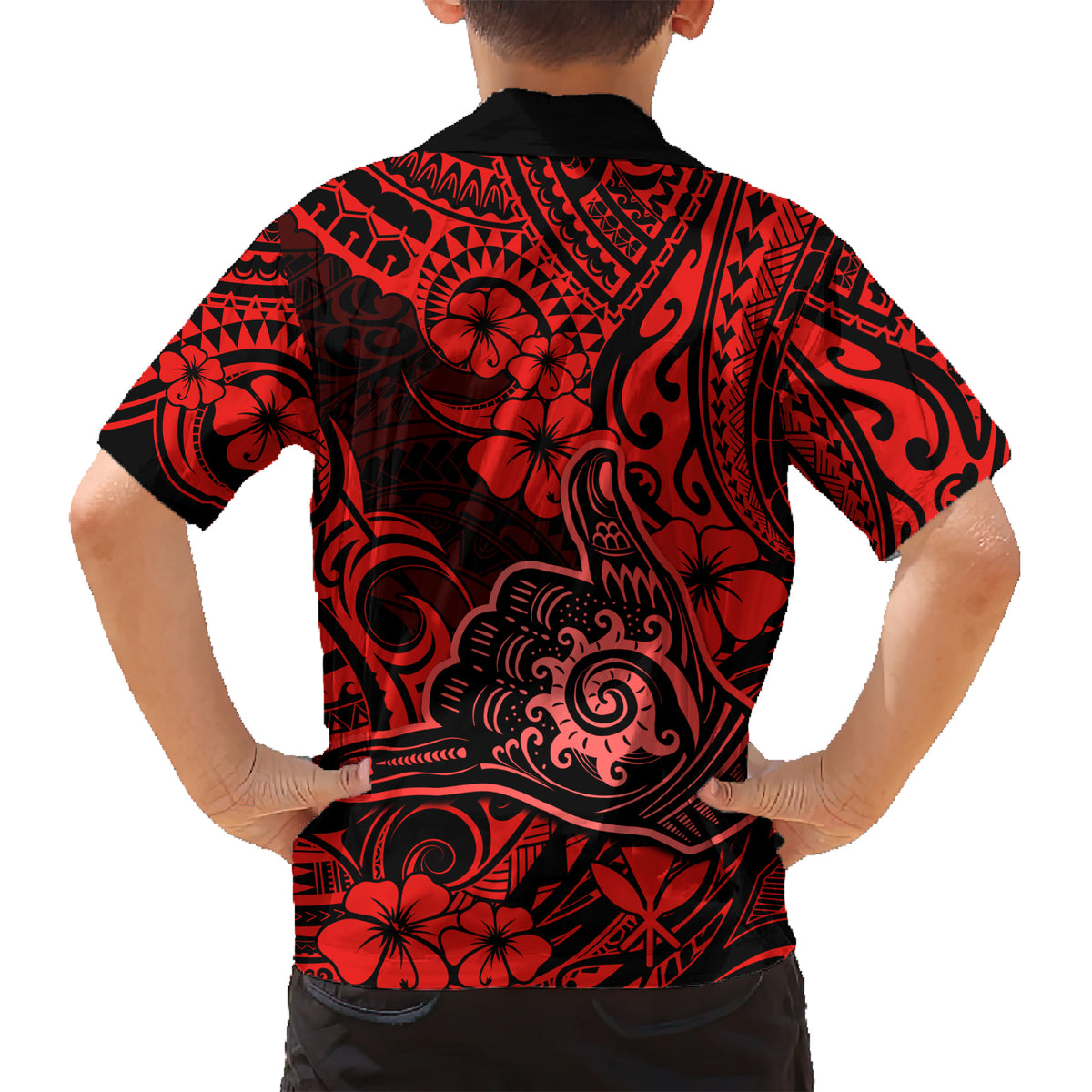 Hawaii Shaka Sign Family Matching Short Sleeve Bodycon Dress and Hawaiian Shirt Polynesian Pattern Red Version - Wonder Print Shop