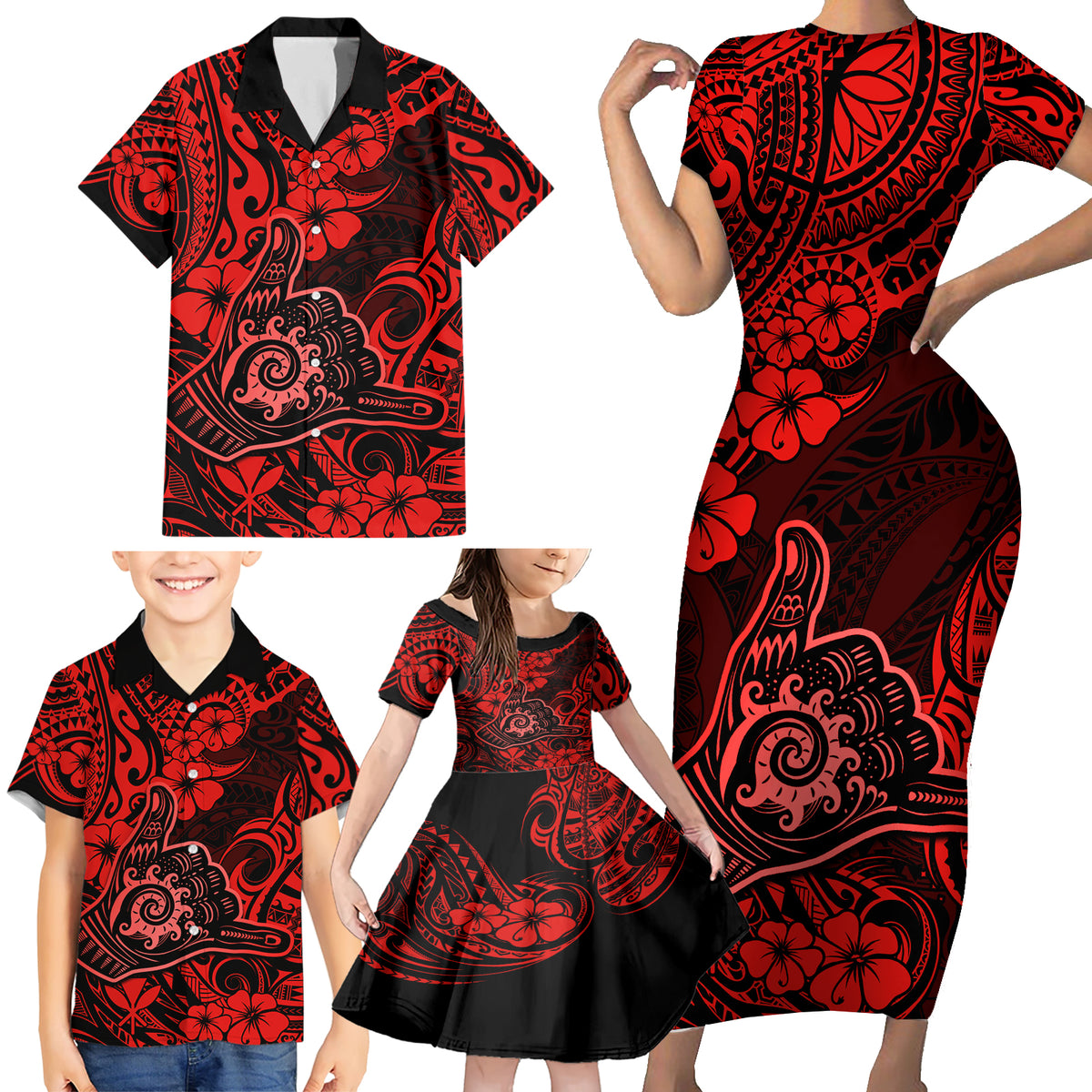 Hawaii Shaka Sign Family Matching Short Sleeve Bodycon Dress and Hawaiian Shirt Polynesian Pattern Red Version - Wonder Print Shop