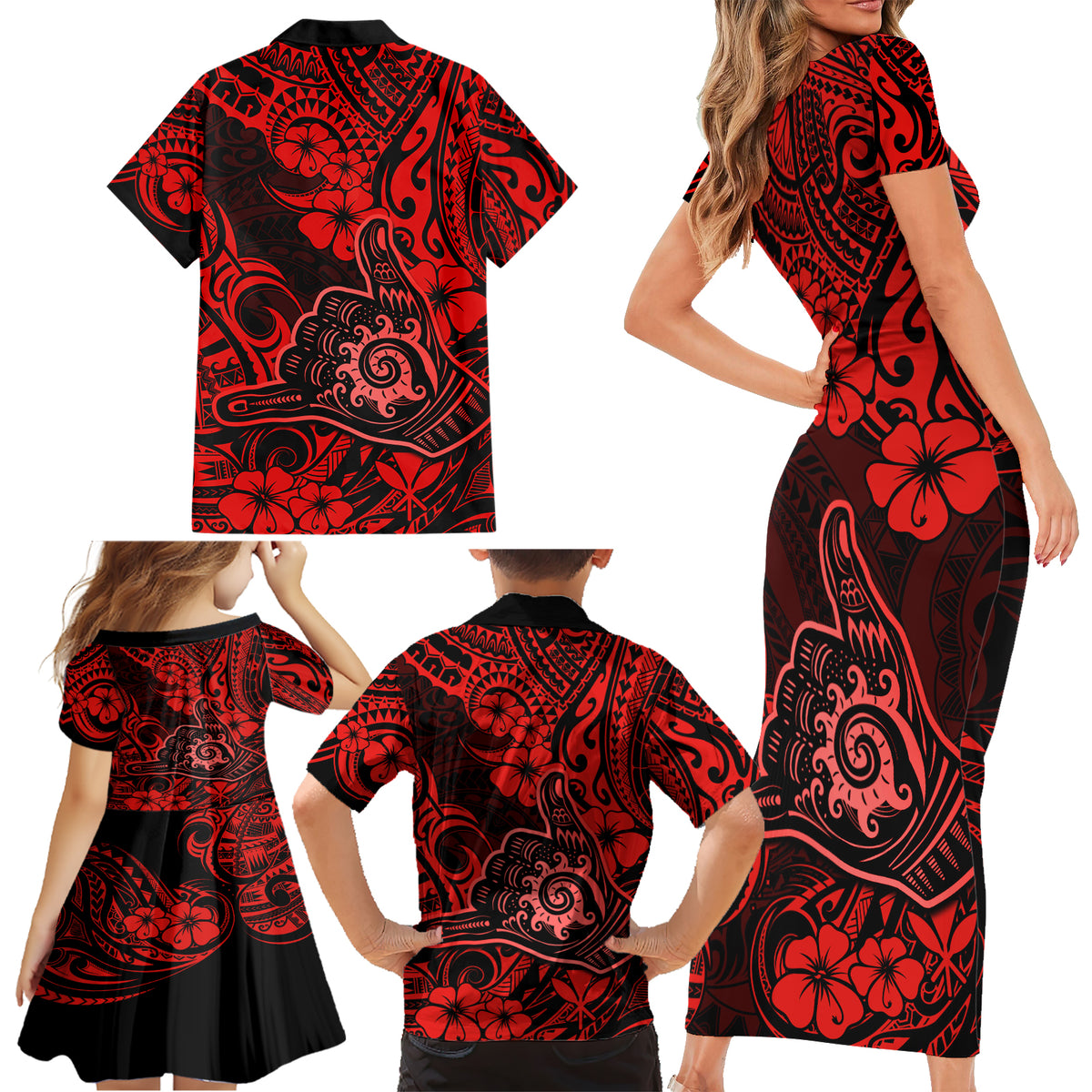 Hawaii Shaka Sign Family Matching Short Sleeve Bodycon Dress and Hawaiian Shirt Polynesian Pattern Red Version - Wonder Print Shop