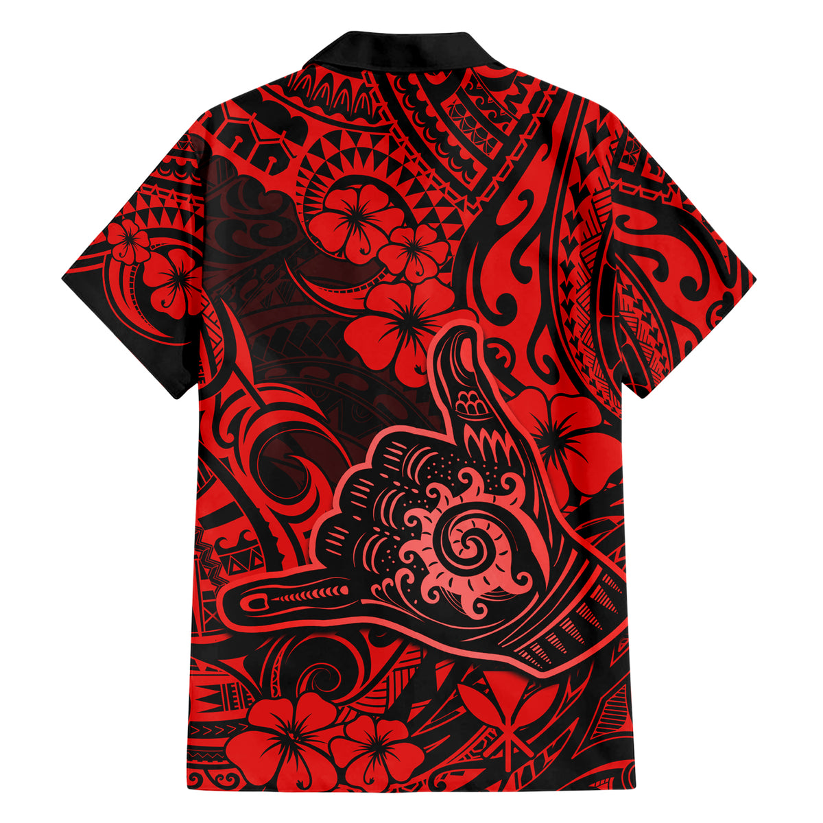 Hawaii Shaka Sign Family Matching Short Sleeve Bodycon Dress and Hawaiian Shirt Polynesian Pattern Red Version - Wonder Print Shop
