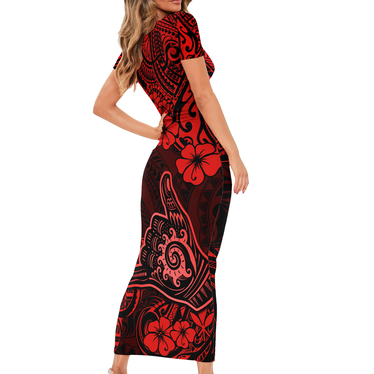 Hawaii Shaka Sign Family Matching Short Sleeve Bodycon Dress and Hawaiian Shirt Polynesian Pattern Red Version - Wonder Print Shop