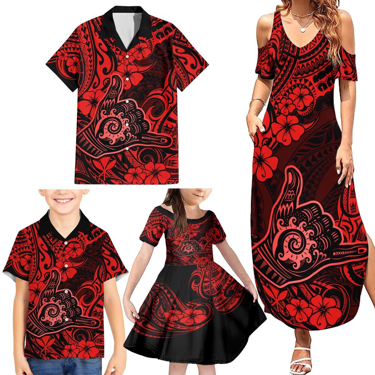 Hawaii Shaka Sign Family Matching Summer Maxi Dress and Hawaiian Shirt Polynesian Pattern Red Version - Wonder Print Shop