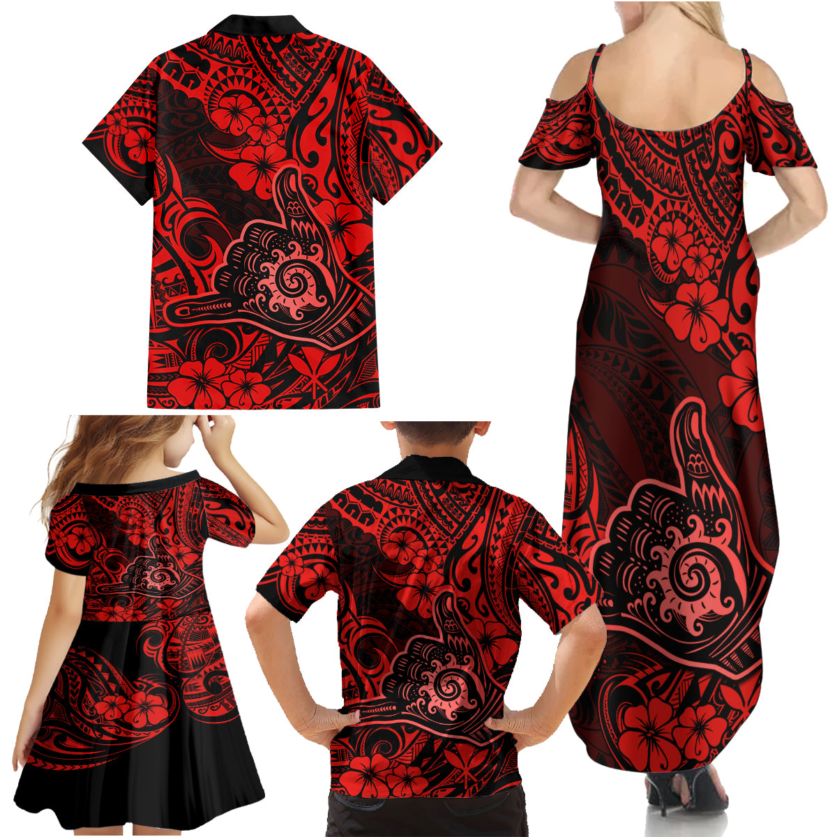 Hawaii Shaka Sign Family Matching Summer Maxi Dress and Hawaiian Shirt Polynesian Pattern Red Version - Wonder Print Shop