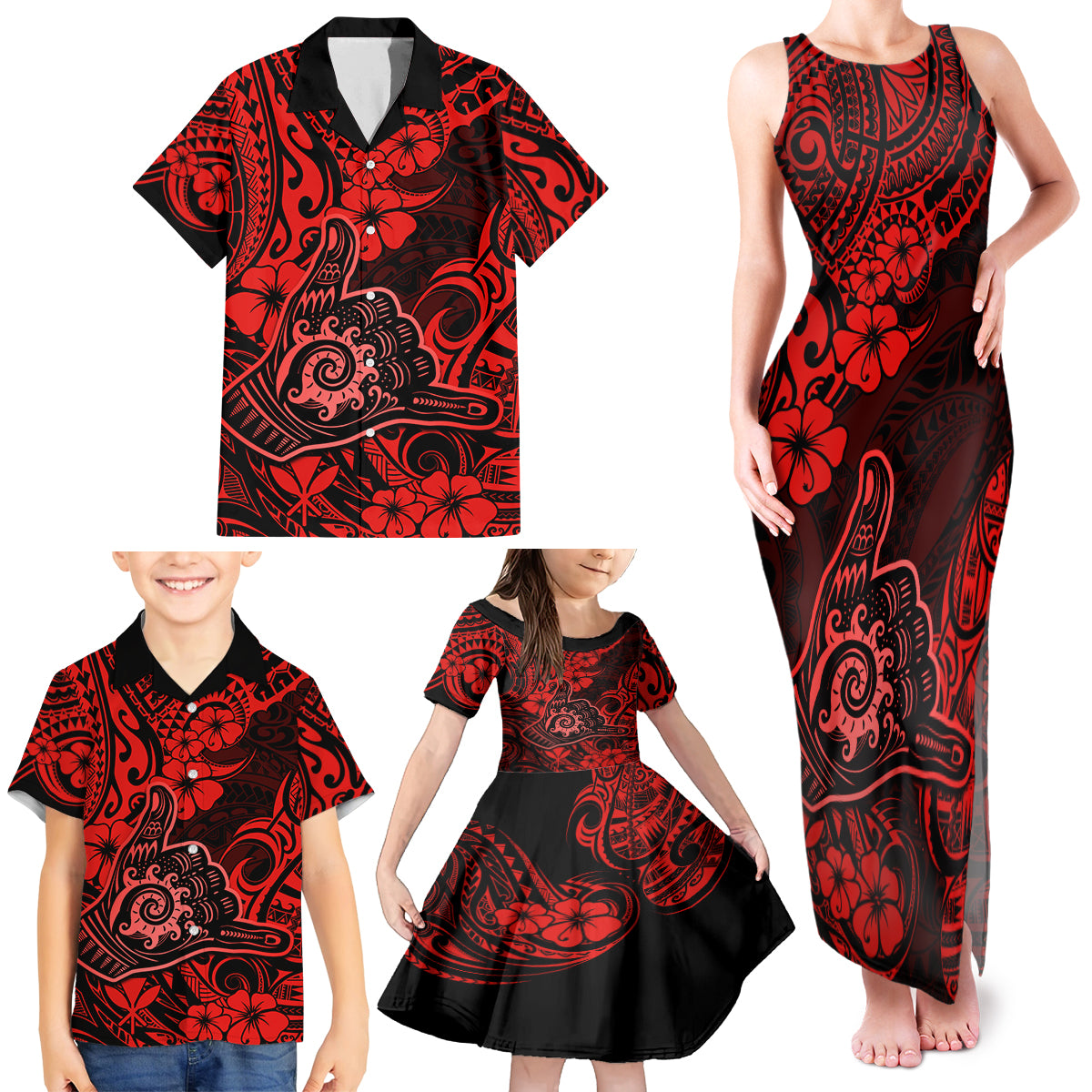 Hawaii Shaka Sign Family Matching Tank Maxi Dress and Hawaiian Shirt Polynesian Pattern Red Version - Wonder Print Shop