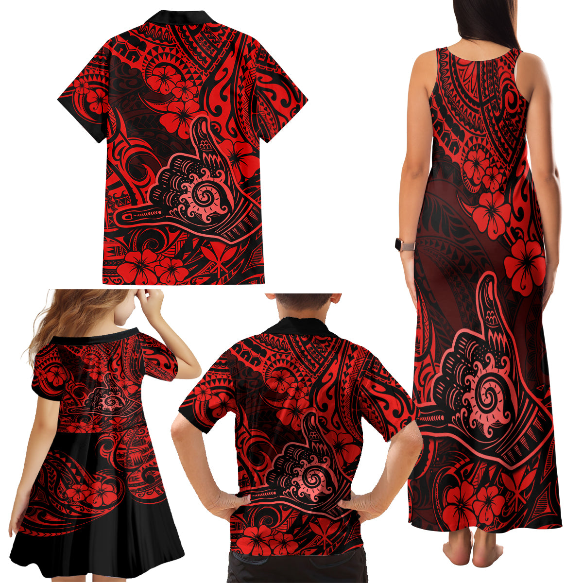 Hawaii Shaka Sign Family Matching Tank Maxi Dress and Hawaiian Shirt Polynesian Pattern Red Version - Wonder Print Shop