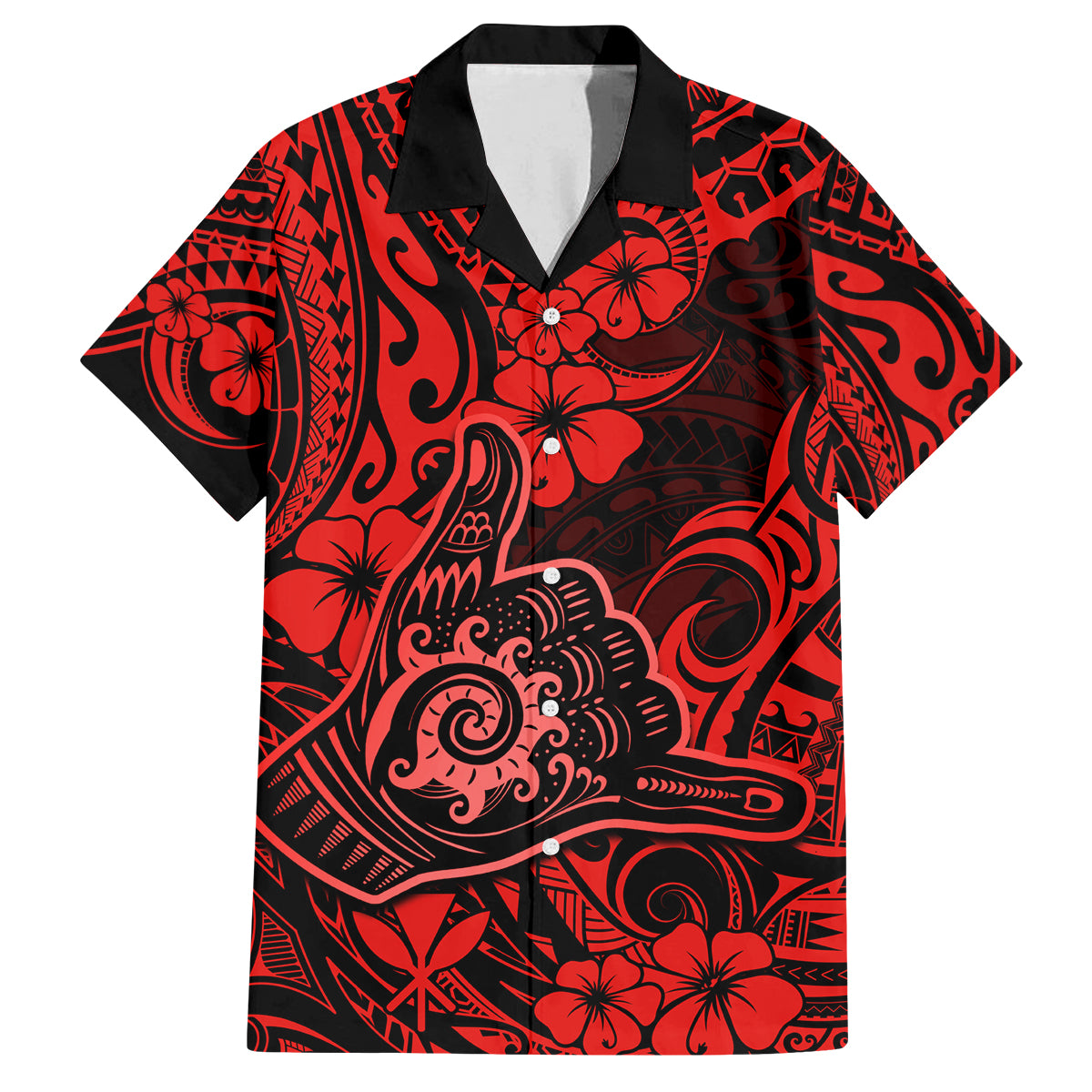 Hawaii Shaka Sign Family Matching Tank Maxi Dress and Hawaiian Shirt Polynesian Pattern Red Version - Wonder Print Shop