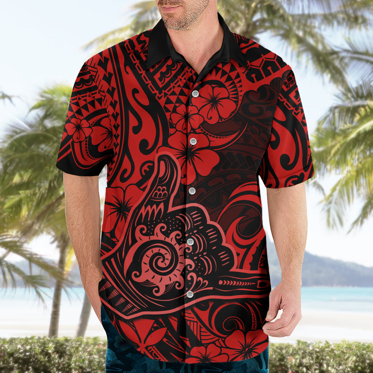 Hawaii Shaka Sign Hawaiian Shirt Polynesian Pattern Red Version - Wonder Print Shop