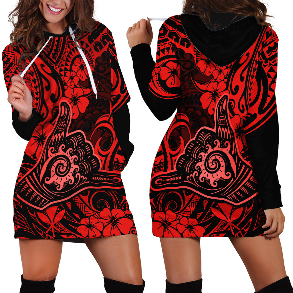 Hawaii Shaka Sign Hoodie Dress Polynesian Pattern Red Version - Wonder Print Shop