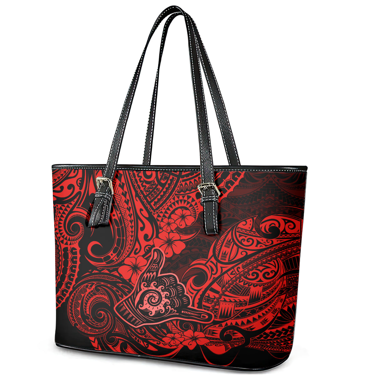 Hawaii Shaka Sign Leather Tote Bag Polynesian Pattern Red Version - Wonder Print Shop
