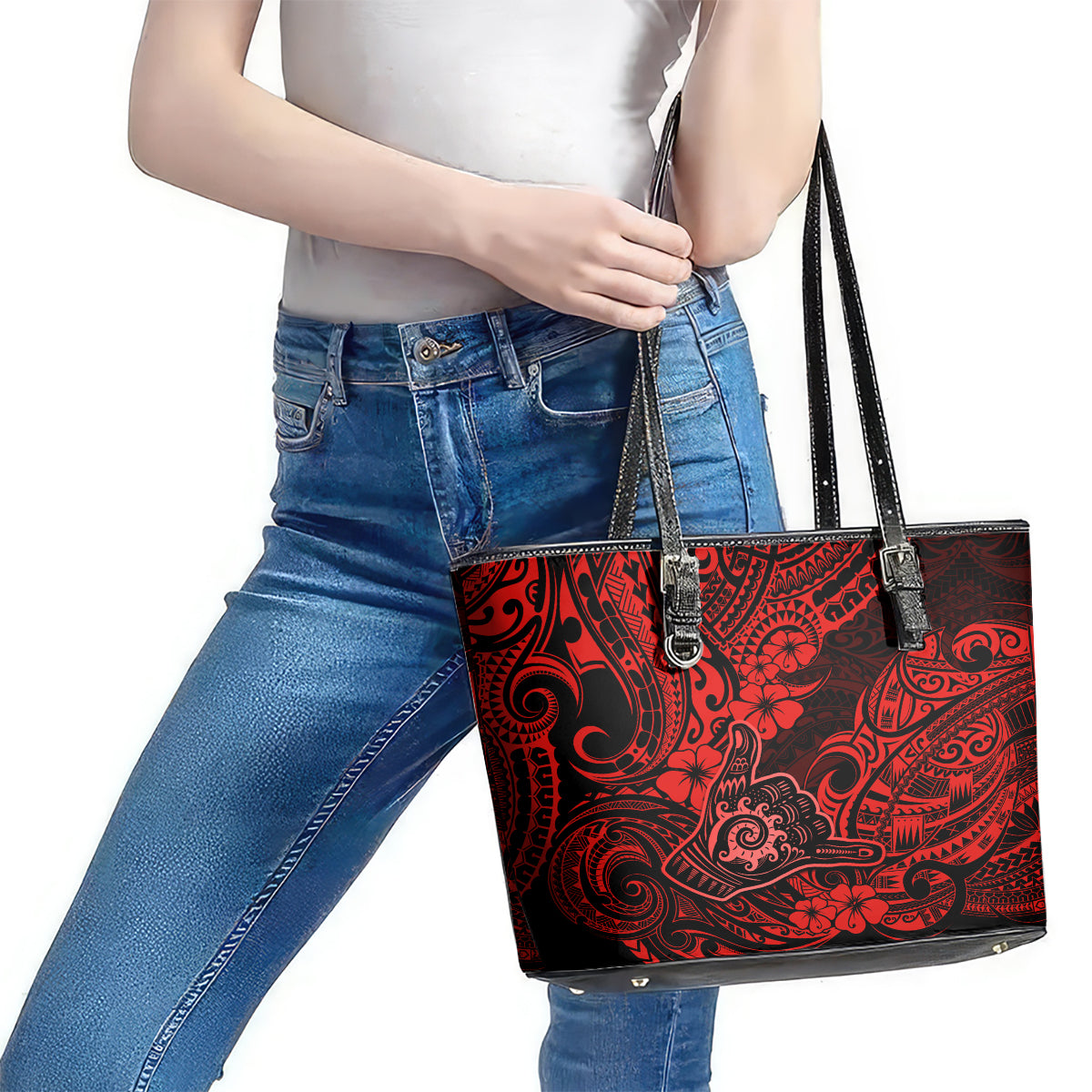 Hawaii Shaka Sign Leather Tote Bag Polynesian Pattern Red Version - Wonder Print Shop