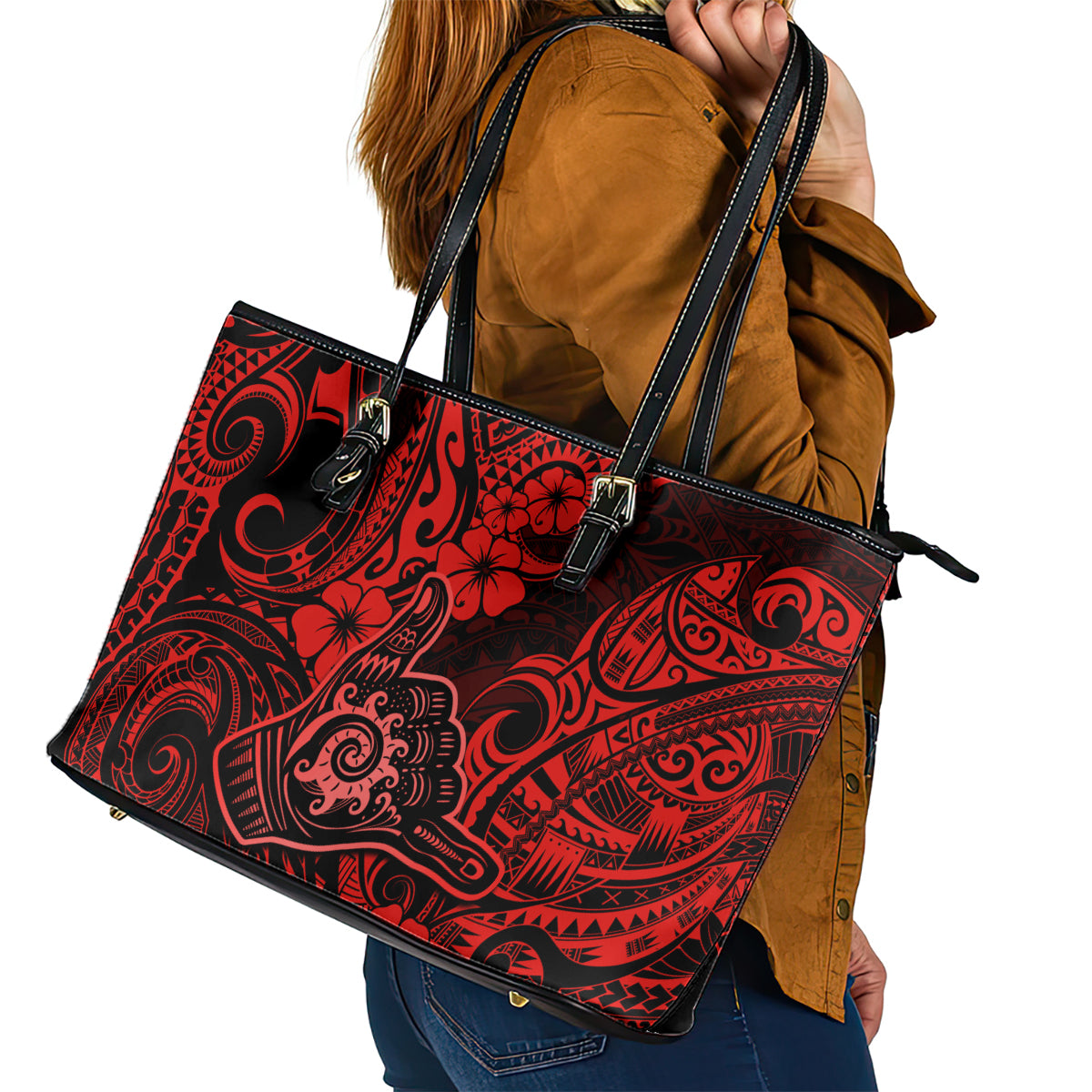 Hawaii Shaka Sign Leather Tote Bag Polynesian Pattern Red Version - Wonder Print Shop