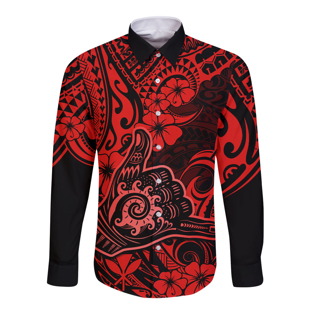 Hawaii Shaka Sign Long Sleeve Button Shirt Polynesian Pattern Red Version - Wonder Print Shop