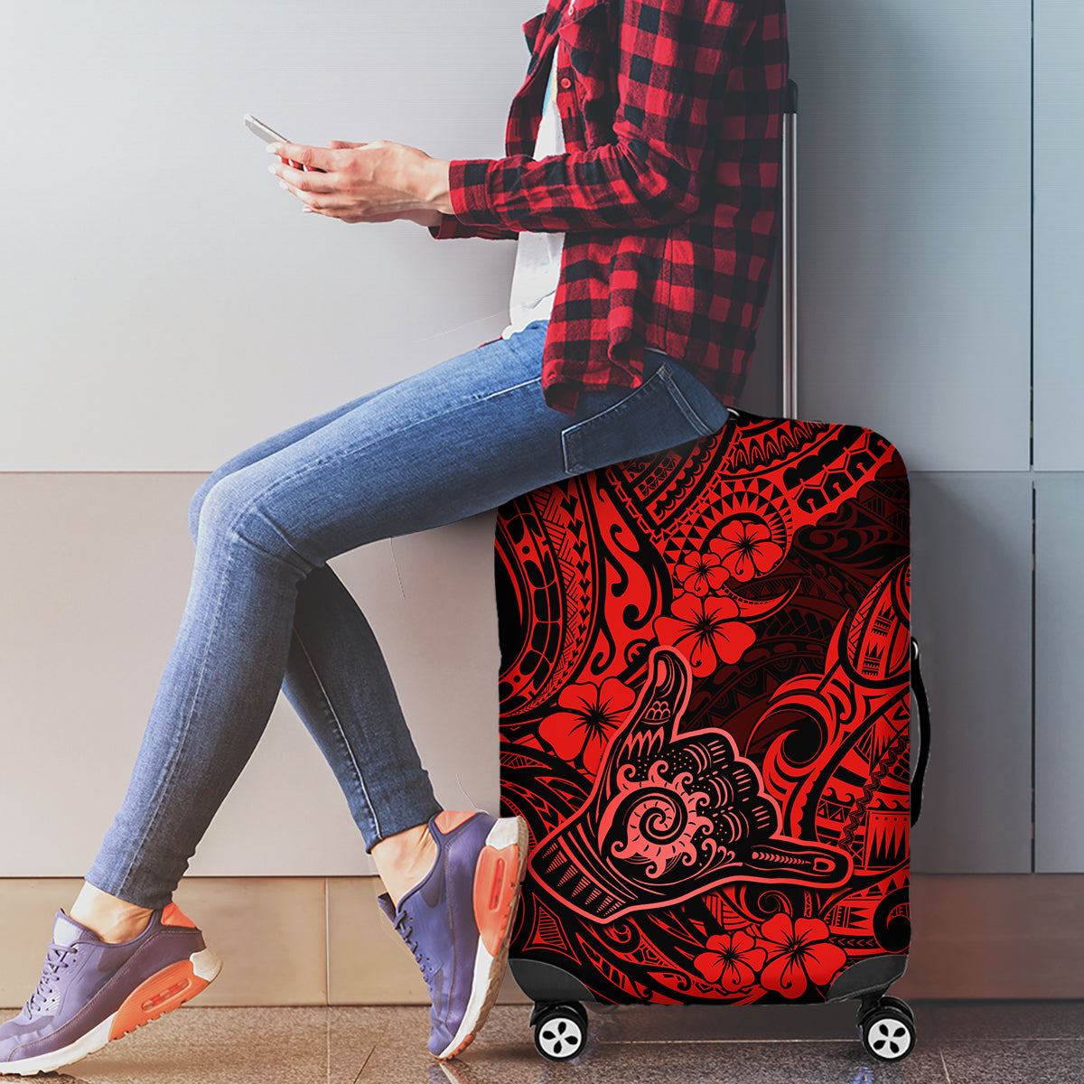 Hawaii Shaka Sign Luggage Cover Polynesian Pattern Red Version - Wonder Print Shop