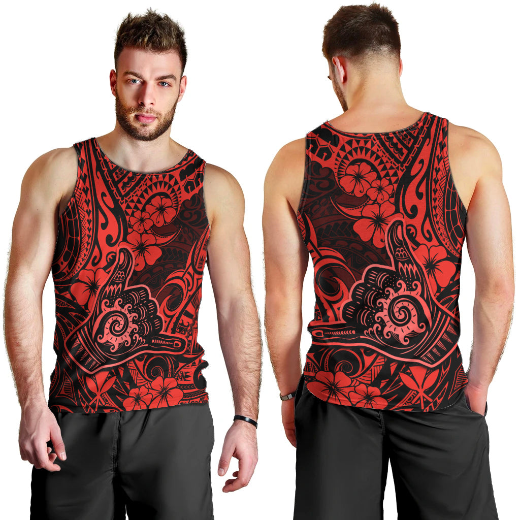 Hawaii Shaka Sign Men Tank Top Polynesian Pattern Red Version - Wonder Print Shop