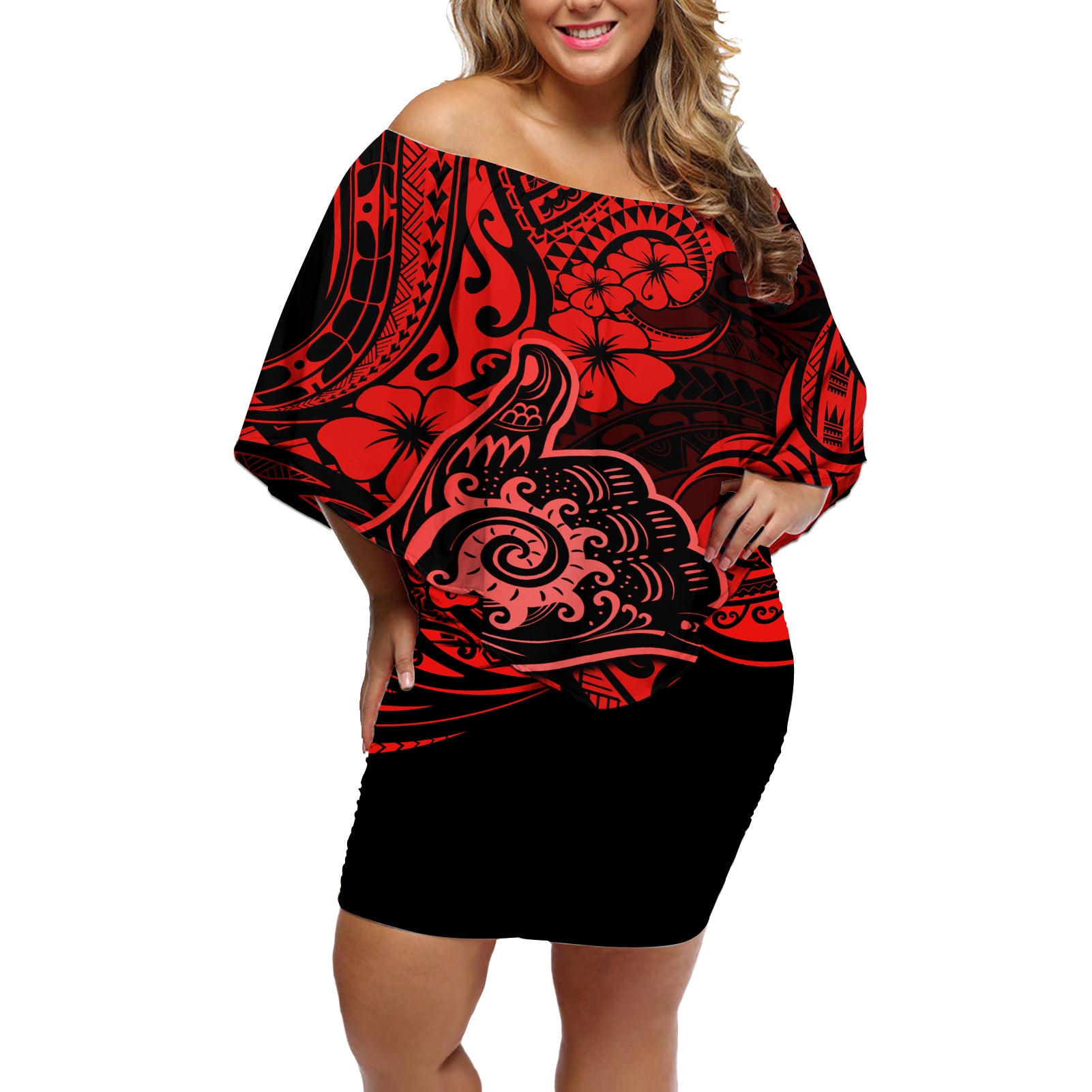 Hawaii Shaka Sign Off Shoulder Short Dress Polynesian Pattern Red Version - Wonder Print Shop