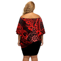 Hawaii Shaka Sign Off Shoulder Short Dress Polynesian Pattern Red Version - Wonder Print Shop