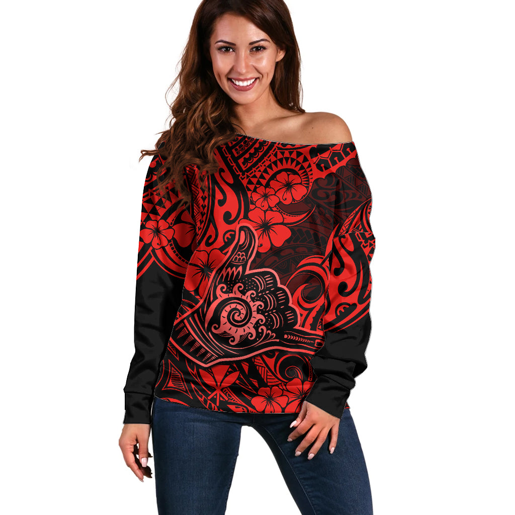 Hawaii Shaka Sign Off Shoulder Sweater Polynesian Pattern Red Version - Wonder Print Shop