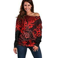 Hawaii Shaka Sign Off Shoulder Sweater Polynesian Pattern Red Version - Wonder Print Shop