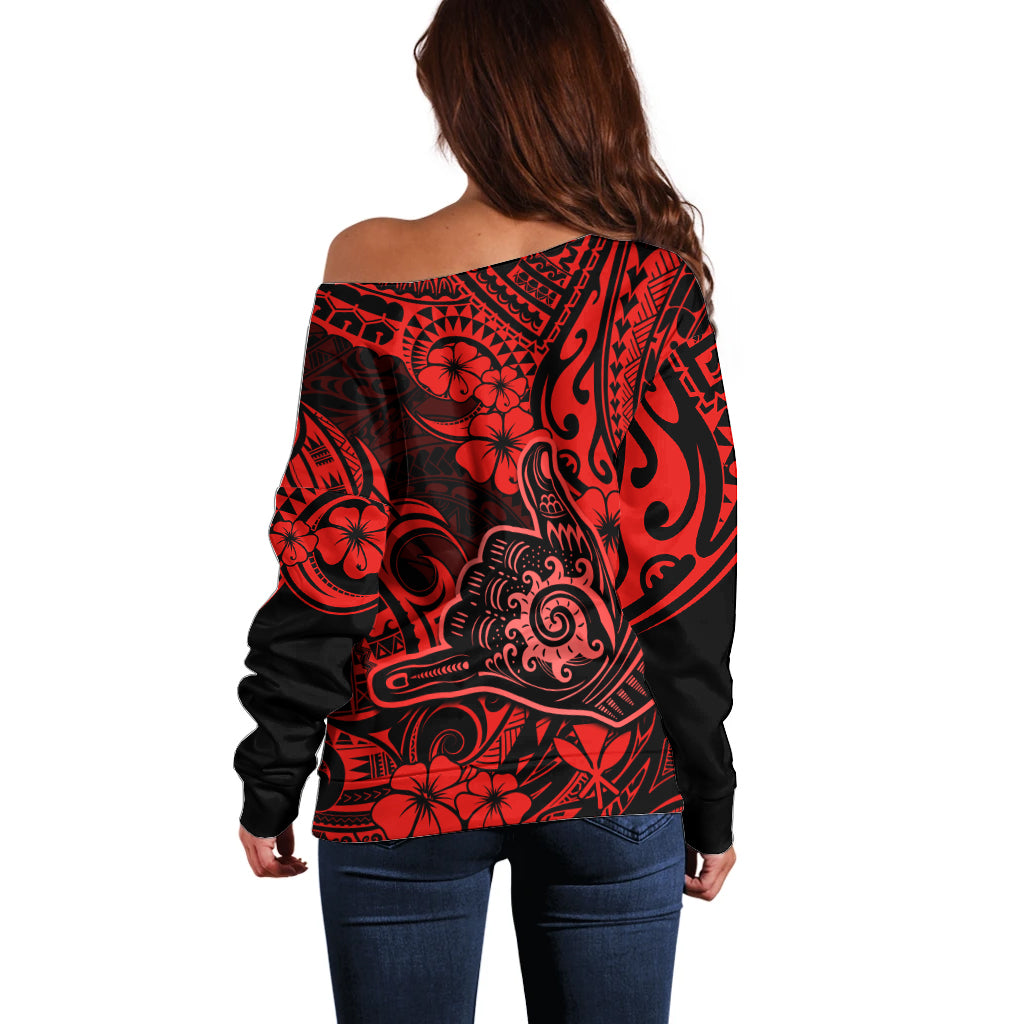Hawaii Shaka Sign Off Shoulder Sweater Polynesian Pattern Red Version - Wonder Print Shop