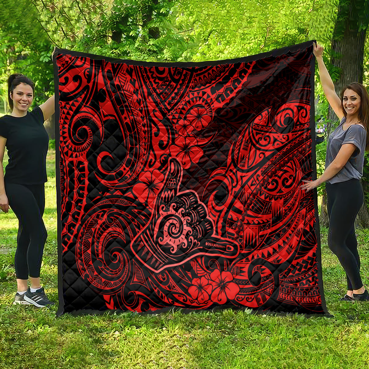 Hawaii Shaka Sign Quilt Polynesian Pattern Red Version - Wonder Print Shop