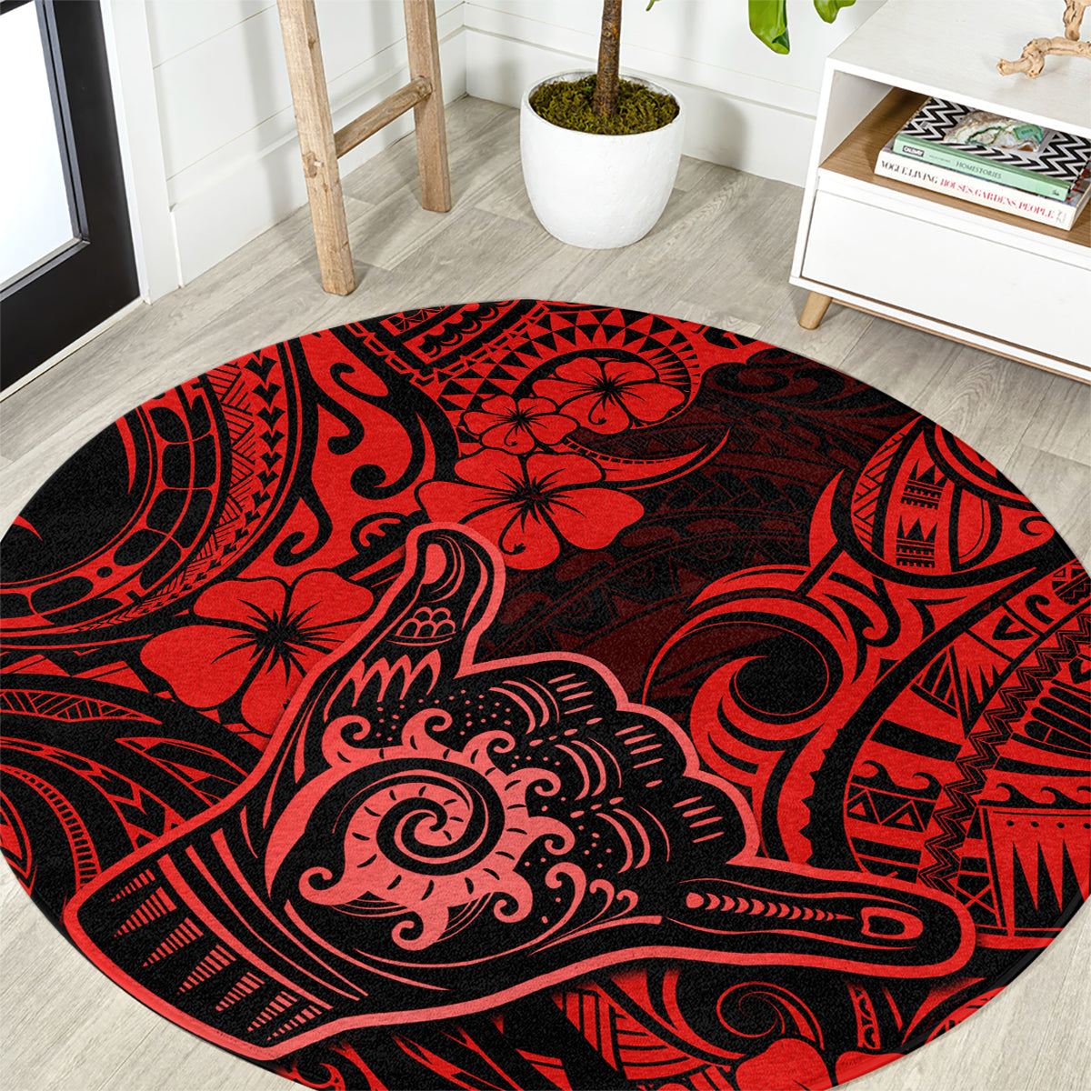 hawaii-shaka-sign-round-carpet-polynesian-pattern-red-version
