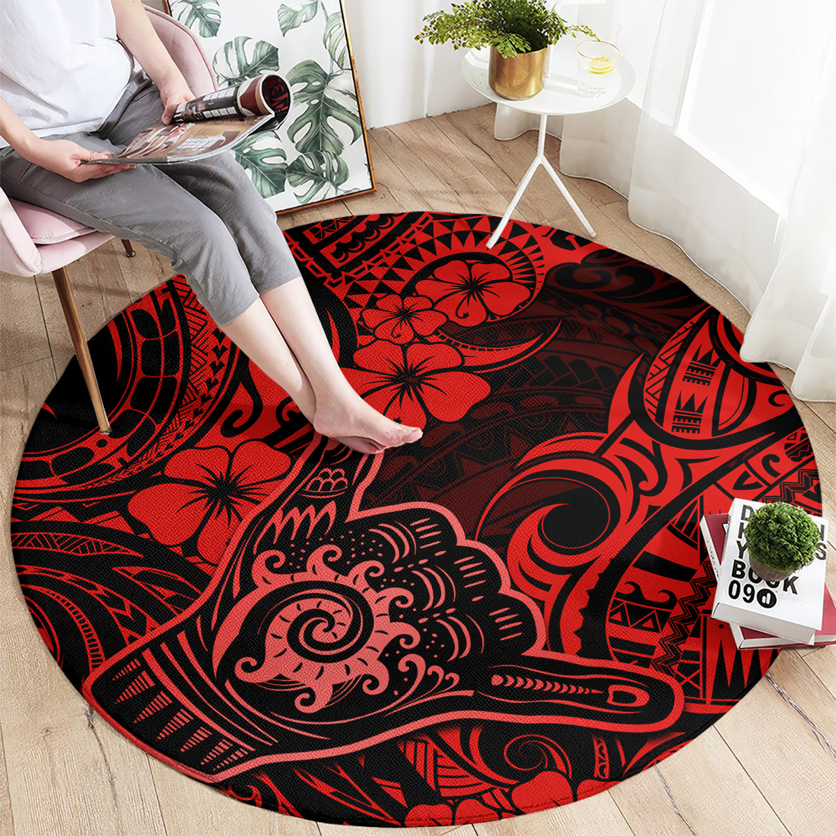 hawaii-shaka-sign-round-carpet-polynesian-pattern-red-version