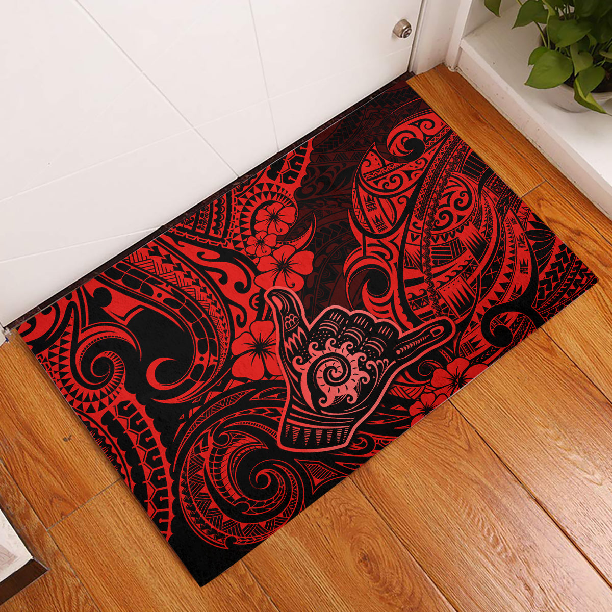 Hawaii Shaka Sign Rubber Doormat Polynesian Pattern Red Version - Wonder Print Shop