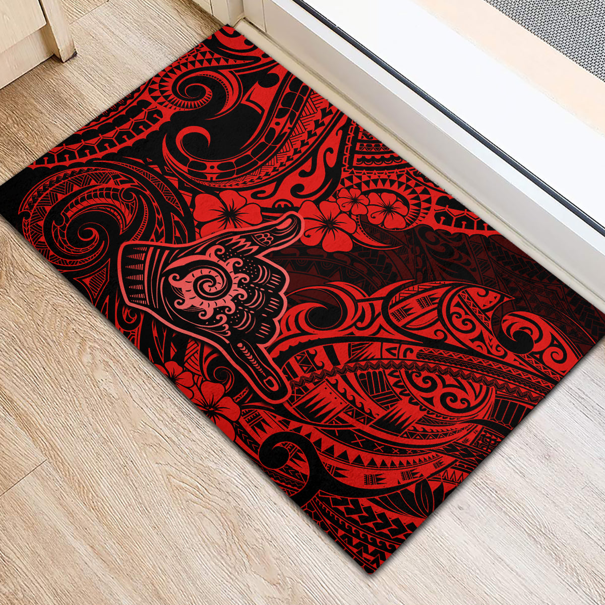 Hawaii Shaka Sign Rubber Doormat Polynesian Pattern Red Version - Wonder Print Shop