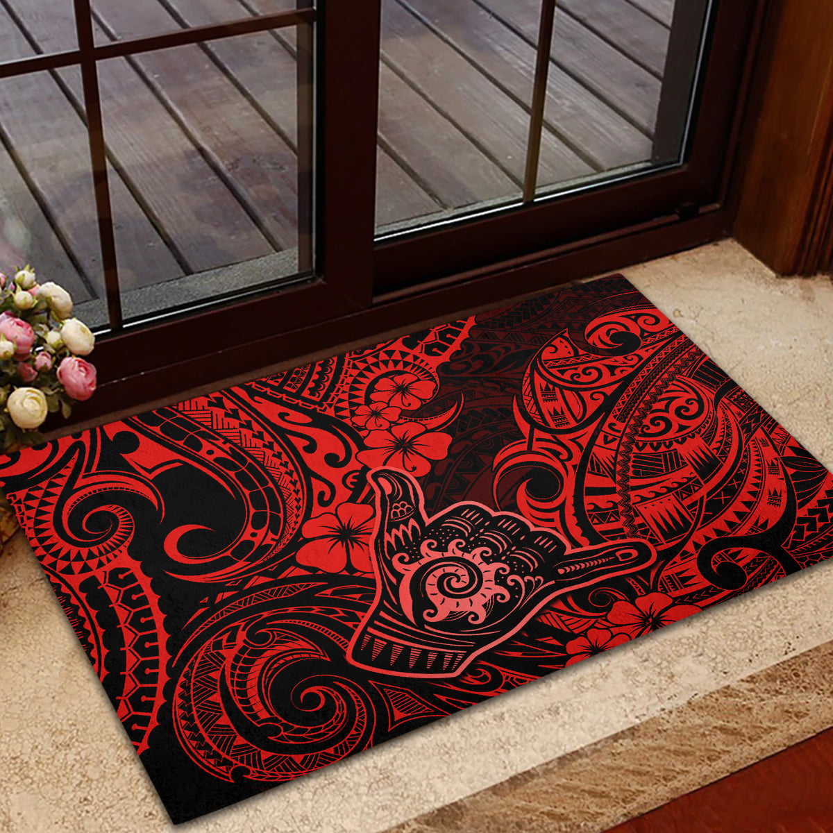 Hawaii Shaka Sign Rubber Doormat Polynesian Pattern Red Version - Wonder Print Shop