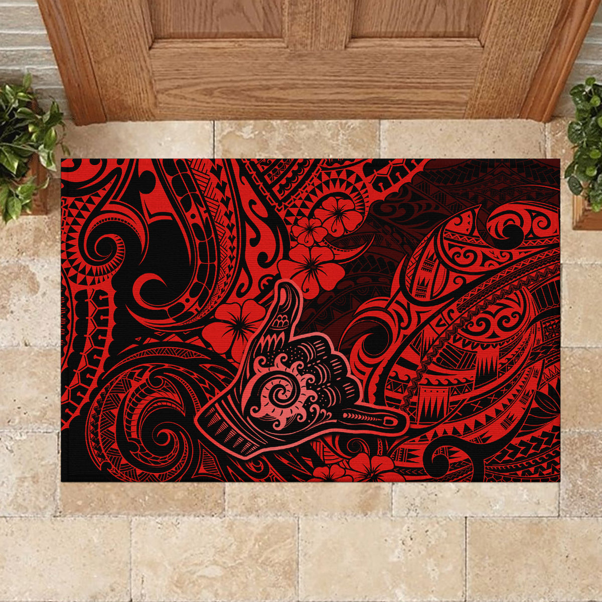 Hawaii Shaka Sign Rubber Doormat Polynesian Pattern Red Version - Wonder Print Shop