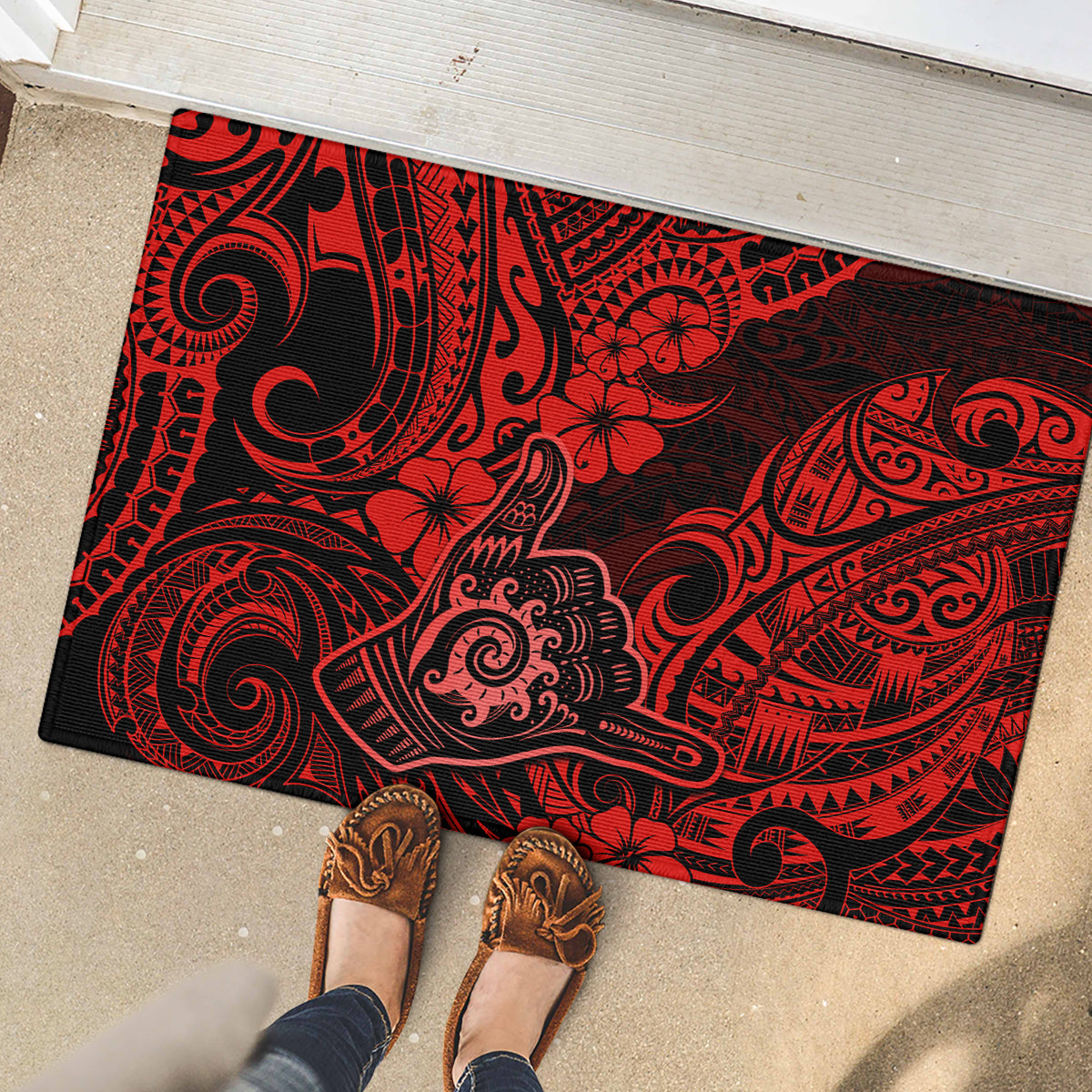Hawaii Shaka Sign Rubber Doormat Polynesian Pattern Red Version - Wonder Print Shop