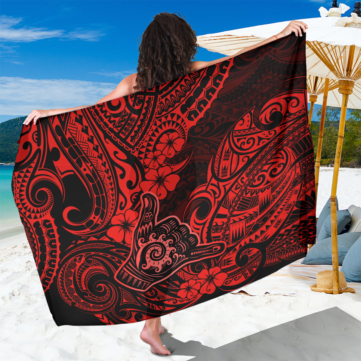 Hawaii Shaka Sign Sarong Polynesian Pattern Red Version - Wonder Print Shop