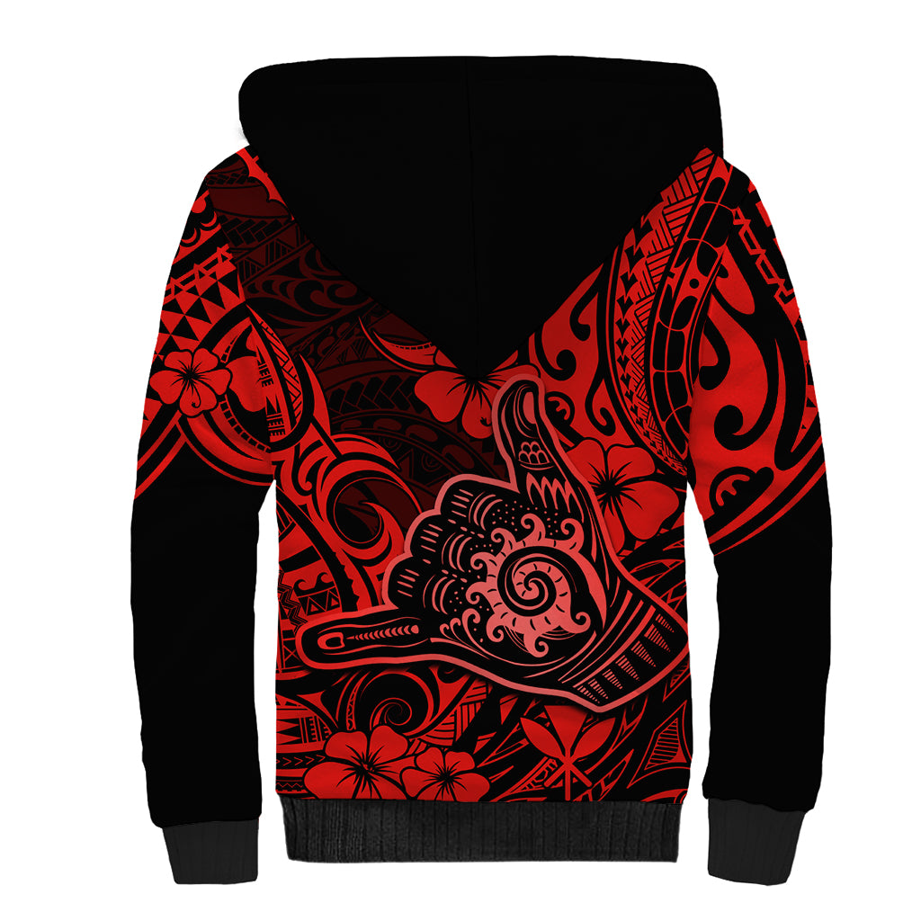 Hawaii Shaka Sign Sherpa Hoodie Polynesian Pattern Red Version - Wonder Print Shop