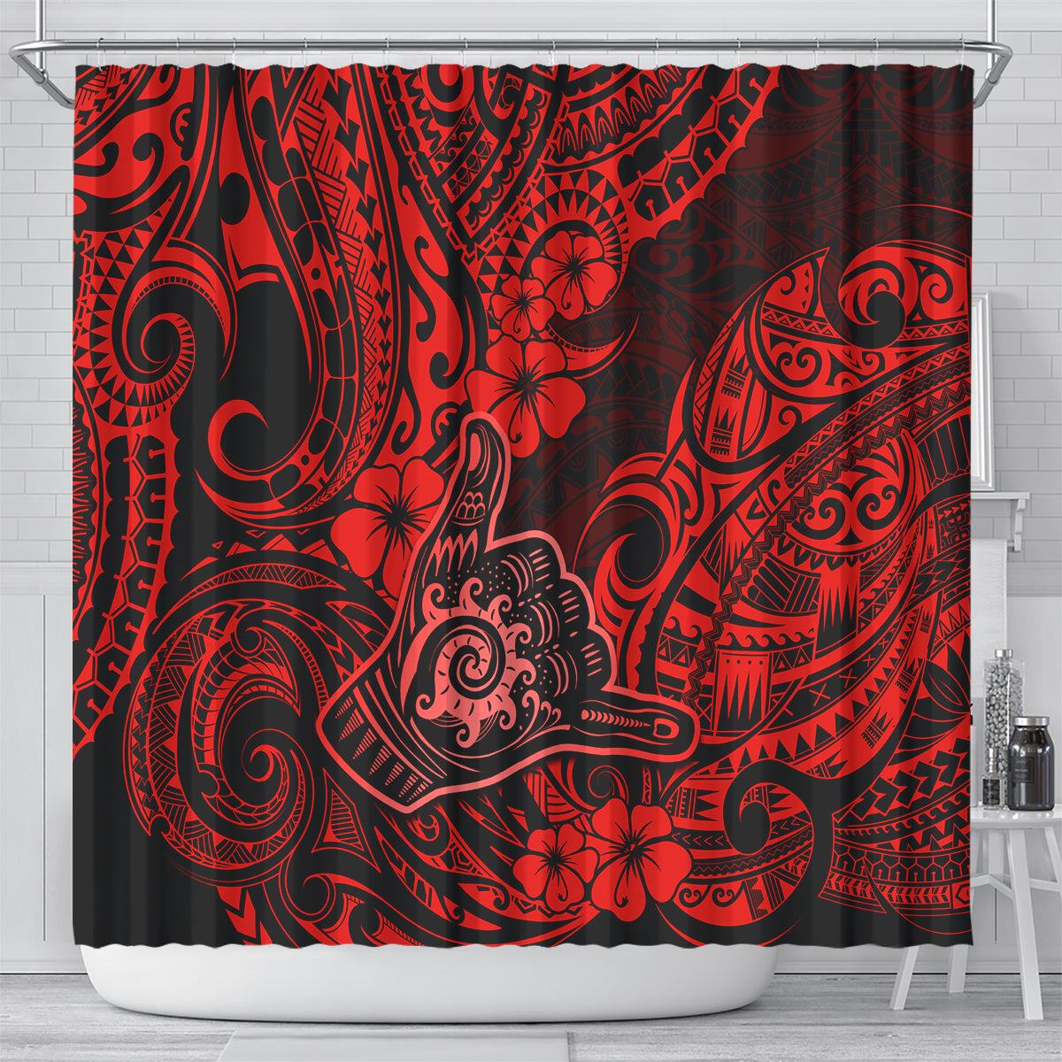 hawaii-shaka-sign-shower-curtain-polynesian-pattern-red-version