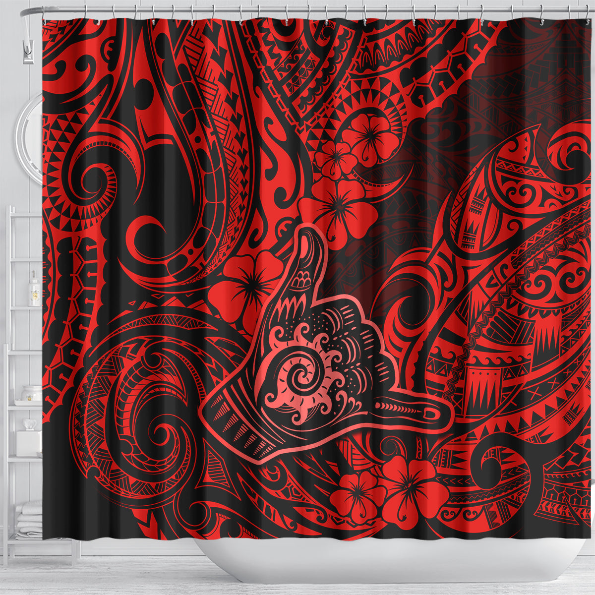 hawaii-shaka-sign-shower-curtain-polynesian-pattern-red-version