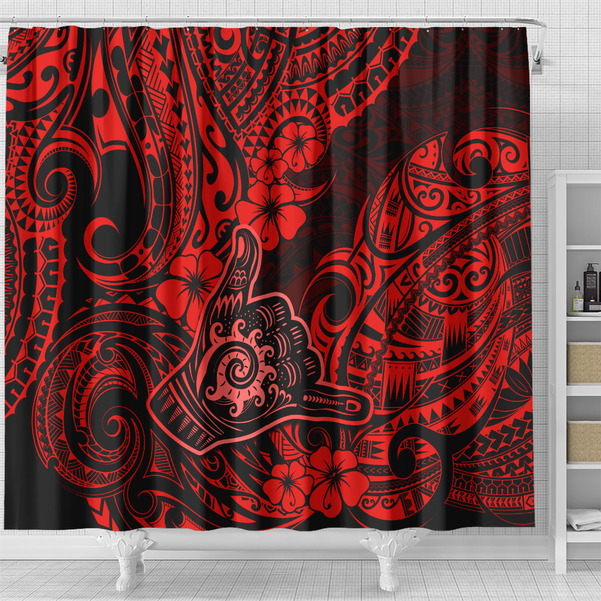 hawaii-shaka-sign-shower-curtain-polynesian-pattern-red-version