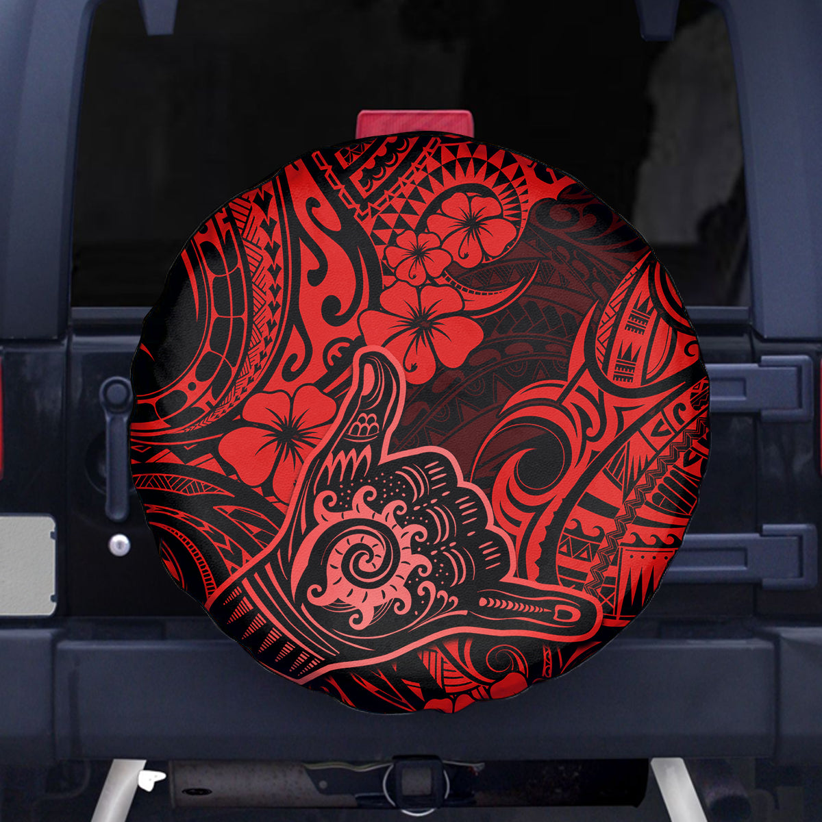 Hawaii Shaka Sign Spare Tire Cover Polynesian Pattern Red Version - Wonder Print Shop