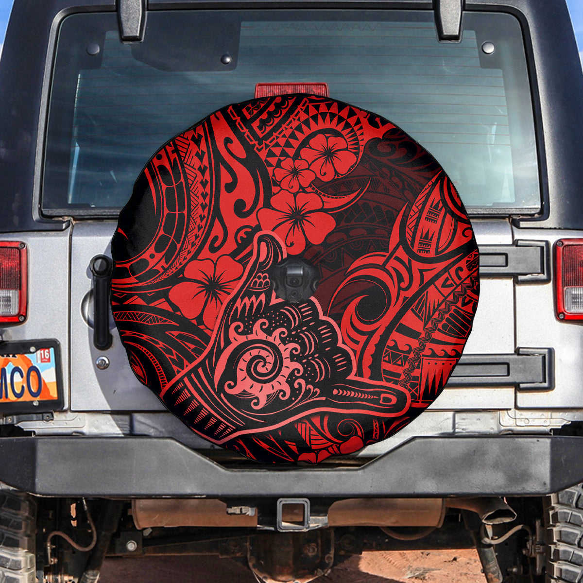 Hawaii Shaka Sign Spare Tire Cover Polynesian Pattern Red Version - Wonder Print Shop